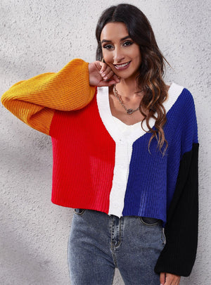 Contrast Knitted Cardigan Color Matching Short Sweater