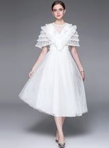 Round Neck Perspective Gauze Lotus Leaf Sleeve Pleated Dress