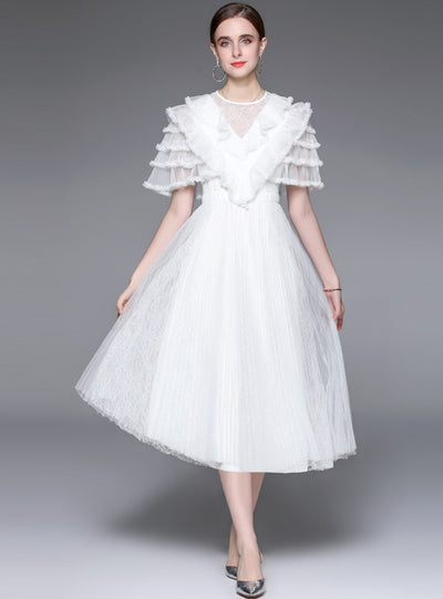 Round Neck Perspective Gauze Lotus Leaf Sleeve Pleated Dress