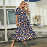 V-neck Printed Casual Trumpet Sleeve Dress