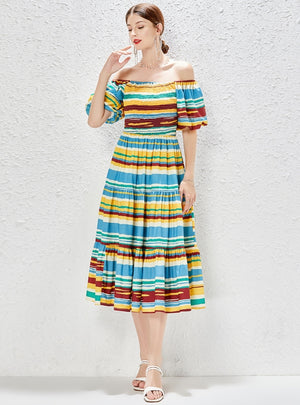 Square Collar Waist Slim Rainbow Holiday Dress