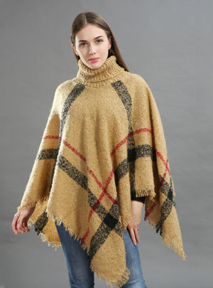 Middle Length High-Necked Knitwear Cape Shawl Blouse