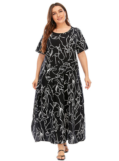 Short-sleeved Graffiti Print Slim Big Swing Dress
