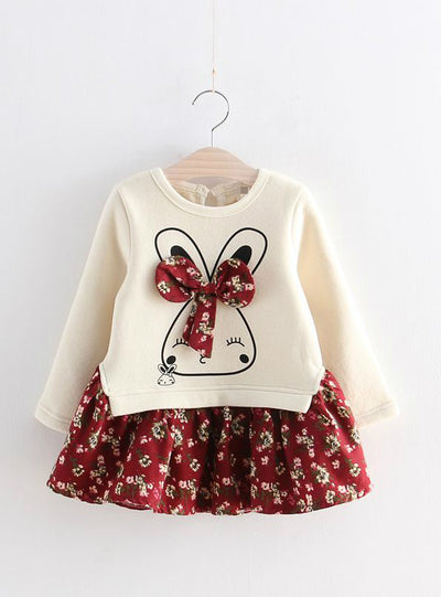 Cute Rabbit and Flowers Printed Girls Long Sleeve Dress 