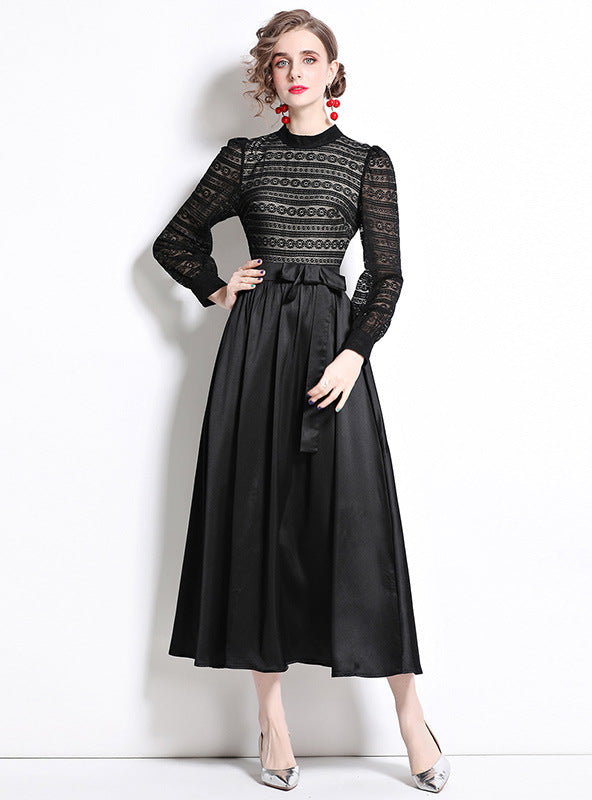 Retro Lace Stitching Bubble Sleeve Dress