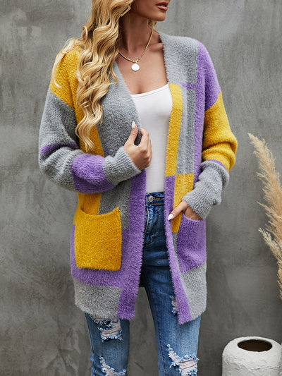 Sable-like V-neck Stitching Contrast Cardigan Sweater