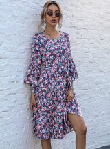 Lotus Leaf Round Collar Floral Trumpet Sleeve Dress