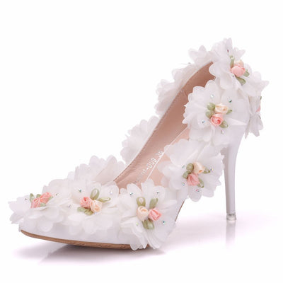 White Flower Shallow Pointed Wedding Shoes