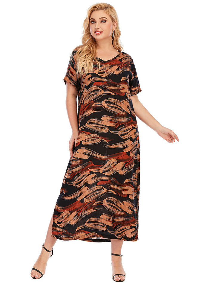 Casual V-neck Short Sleeve Printed Stitching Dress