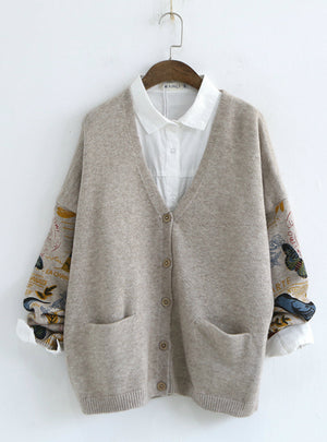 V Neck Cardigan Printed Bird Long Sleeve Sweater