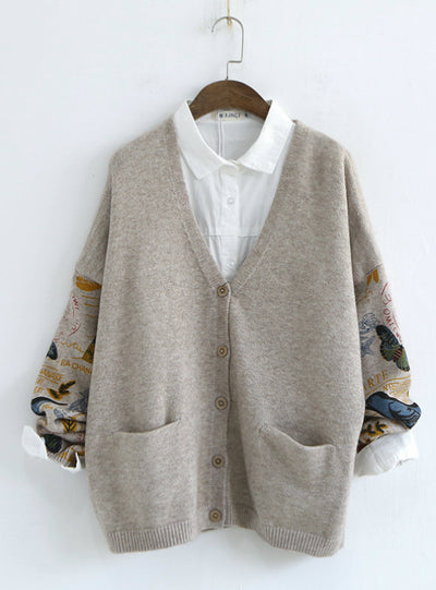 V Neck Cardigan Printed Bird Long Sleeve Sweater