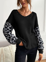 V-neck Knitted Loose Leopard Stitching Sweater
