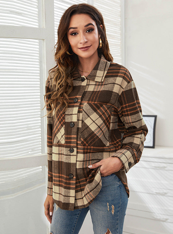 Loose Printed Plaid Shirt Coat