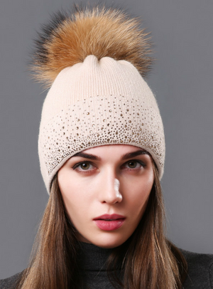 Raccoon Fur Beanie Female Warm Pompom Cap