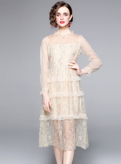 Lace Gauze Embroidered Long Sleeve Dress