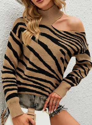 Women High Neck Pullover Tiger Sweater