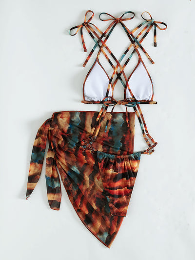 Gradual Printing Net Skirt Three-piece Swimsuit