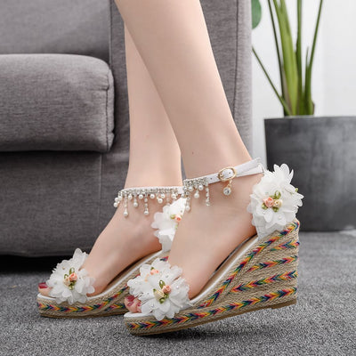 Flower Beaded Fishmouth Wedge Sandals