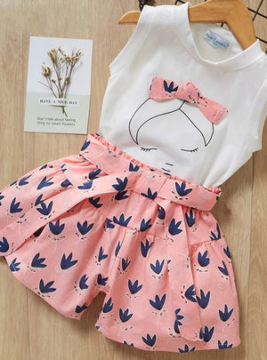Girls Bow Cotton T-shirt+Printed Shorts Two-piece Set