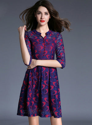 Printing Purple Lace Dress Midi Work Girls