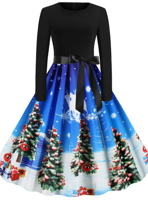 Long Sleeve Print Retro Christmas Dress