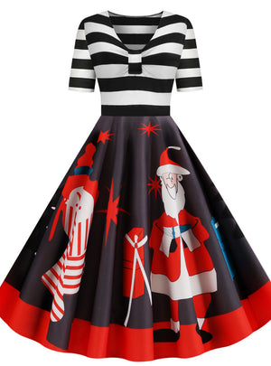Christmas Striped V Print Dress