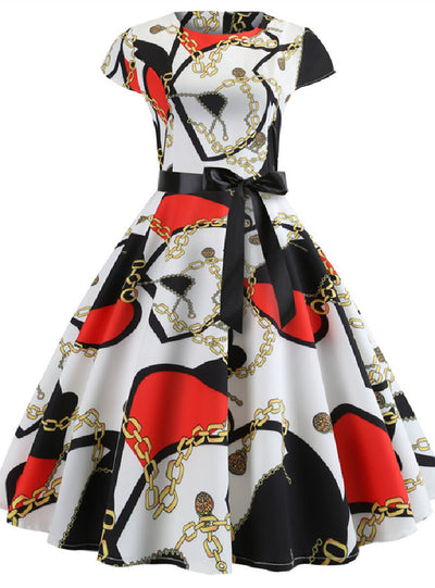 Retro Printed Short Sleeve Lace-up Dress