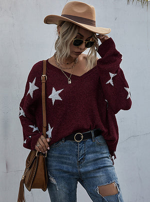 V-neck Pullover Star Pattern Sweater