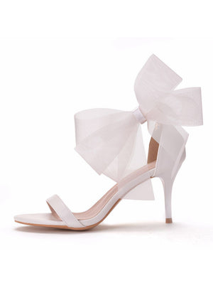 White Bow Shallow Tongue Thin Heel Sandals