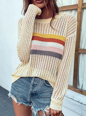 Hollow Rainbow Striped Sweater