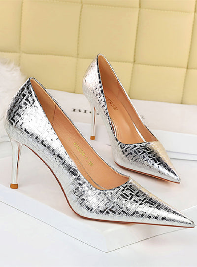 Shallow-pointed Metal Embossed High Heeled Shoes