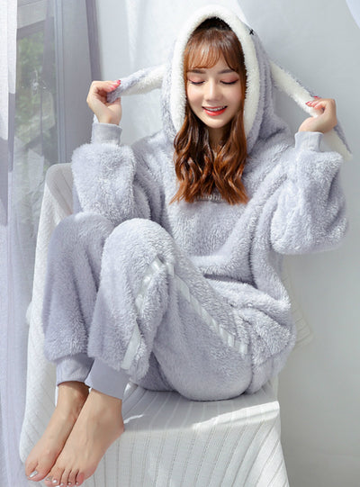 Women Pink Rabbit Long Sleeve Winter Sleepwear