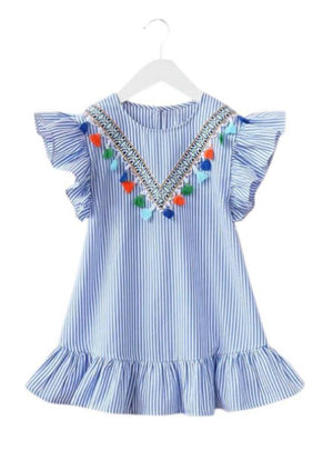 Summer Girls Tassel Flying Sleeve Dresses Stripe