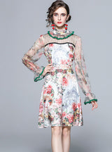 Retro Stand Collar Gauze Wooden Ear Floral Dress