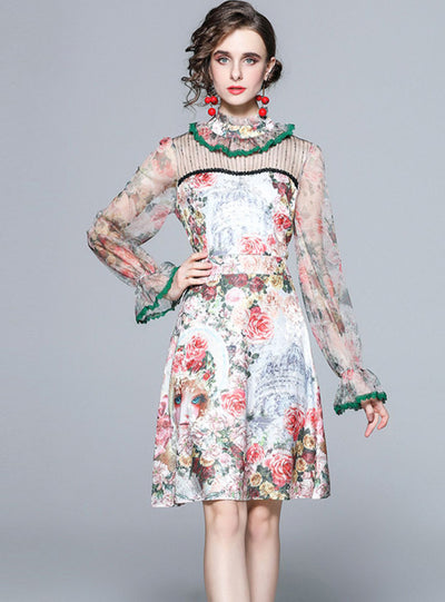 Retro Stand Collar Gauze Wooden Ear Floral Dress