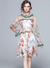 Retro Stand Collar Gauze Wooden Ear Floral Dress