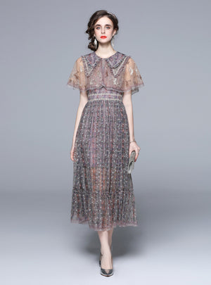 Heavy Embroidery Gauze Lace Flounces Vintage Dress