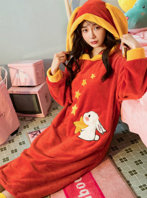 Red Rabbit Long Sleeve Hooded Coral Fleece Bathrobe