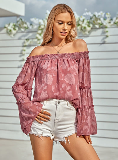 Casual Solid Color Off Shoulder Long Sleeve Chiffon