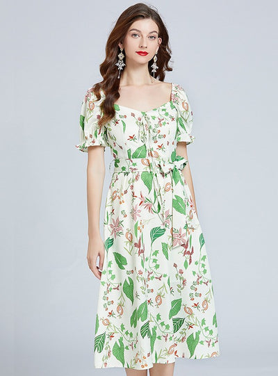 Bubble Sleeve Waist Slim Green Print Dress
