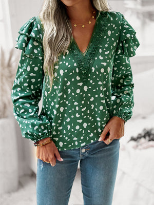 Printed Casual Lotus Leaf Sleeve Stitching Top
