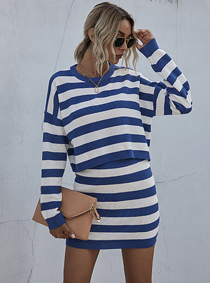 Casual Short Skirt Striped Sweater Set