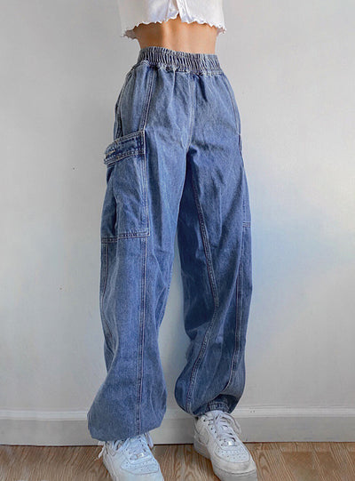 Tight Waist Wide Leg Button Patch Leg Pants