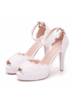 White Lace Fishmouth Platform Wedding Shoes