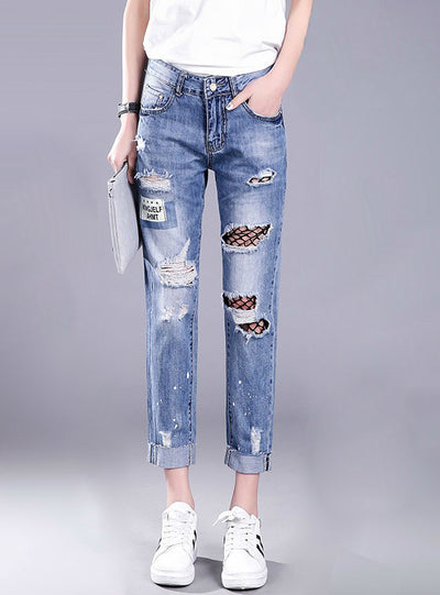 Hollow Out Ripped Jeans Female Black Mesh Jeans 