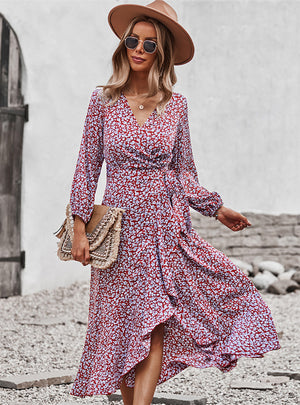 Long Sleeve Print V-neck Dress