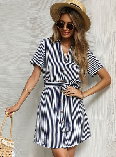 Vertical Striped Lapels Dress