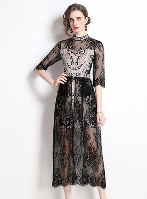 Retro Court Stand Collar Lace Dress