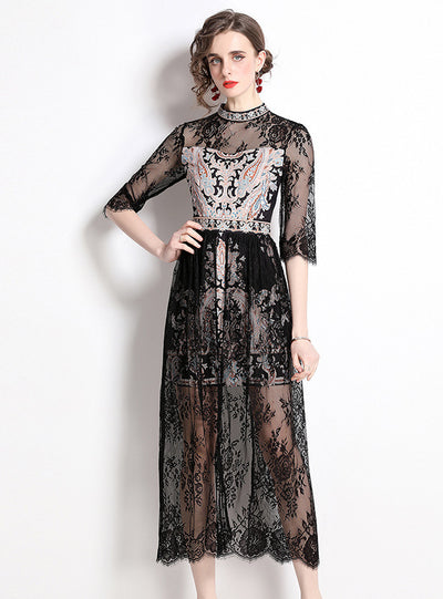 Retro Court Stand Collar Lace Dress