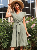 Woman Printed Green Pleated V-neck Dress